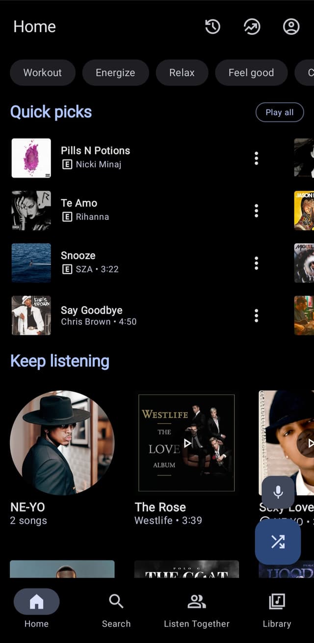 Home screen with Quick Picks and Keep Listening