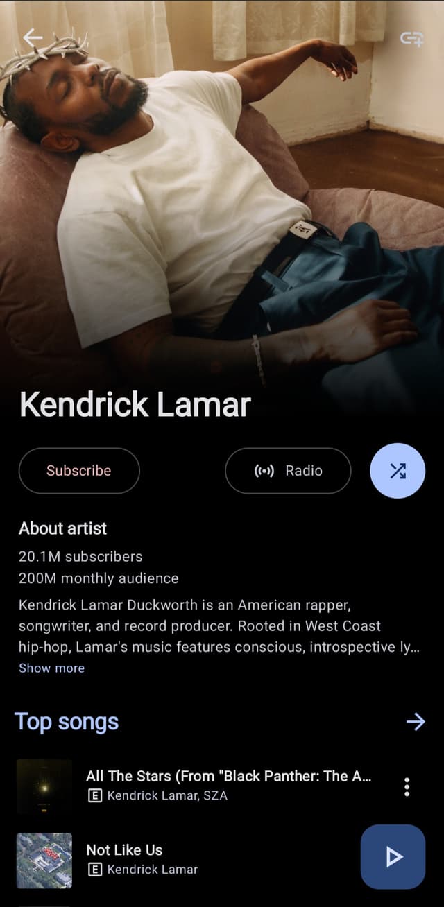 Artist page with top songs